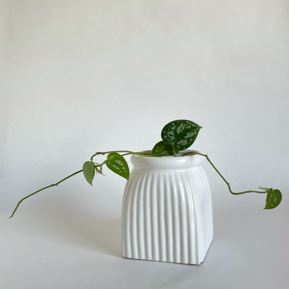 Vintage White Ceramic Square Ribbed Floral Vase or Planter